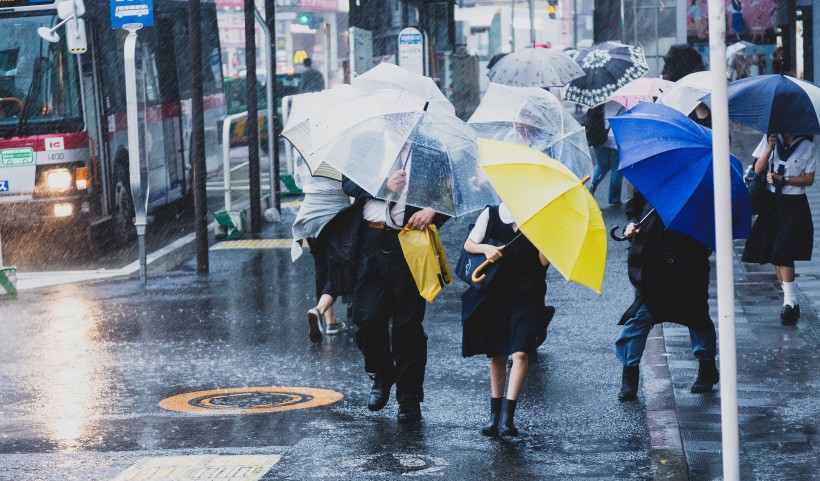 雨天街道打傘的人們圖片