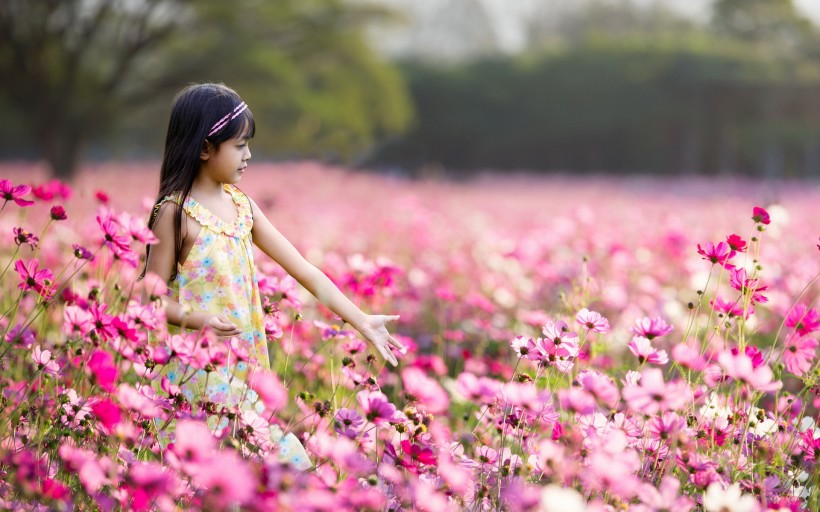 花叢中的小女孩兒圖片