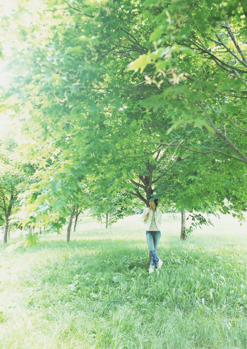 女性和綠色森林圖片