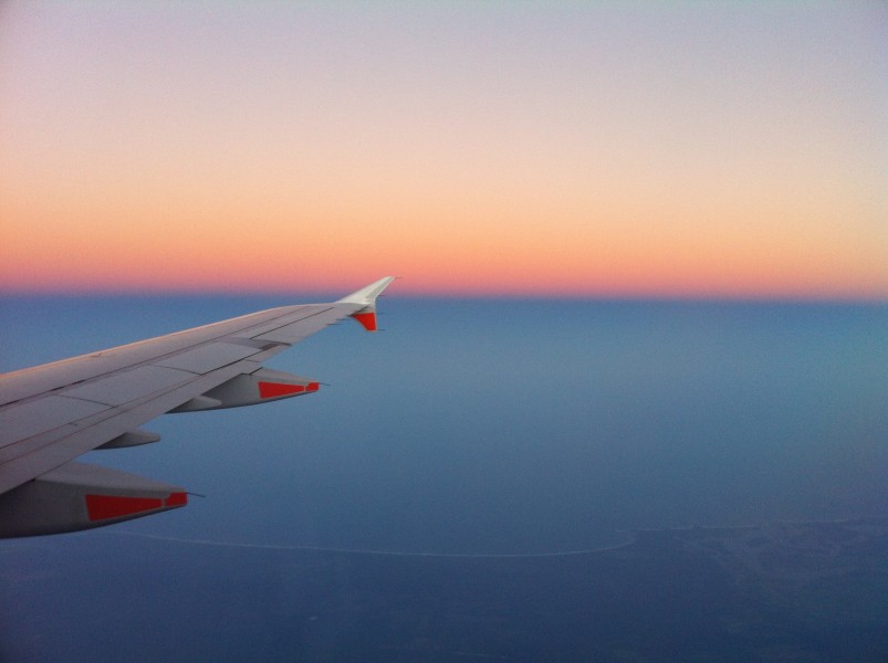 高空中的飛機機翼圖片