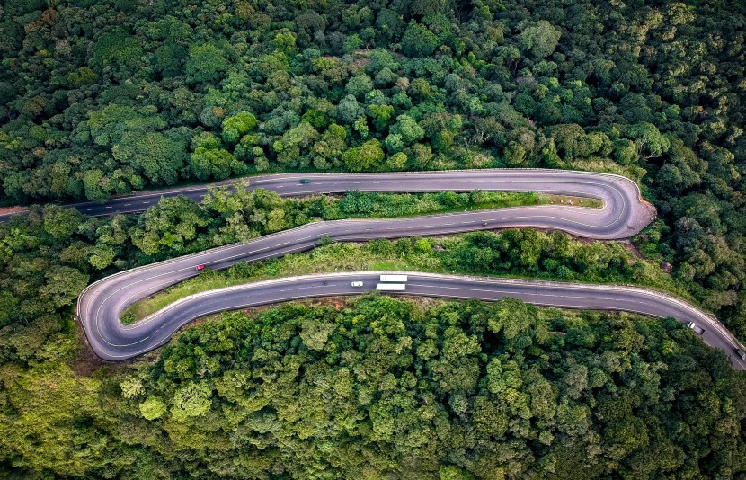 森林中蜿蜒的公路航拍圖片